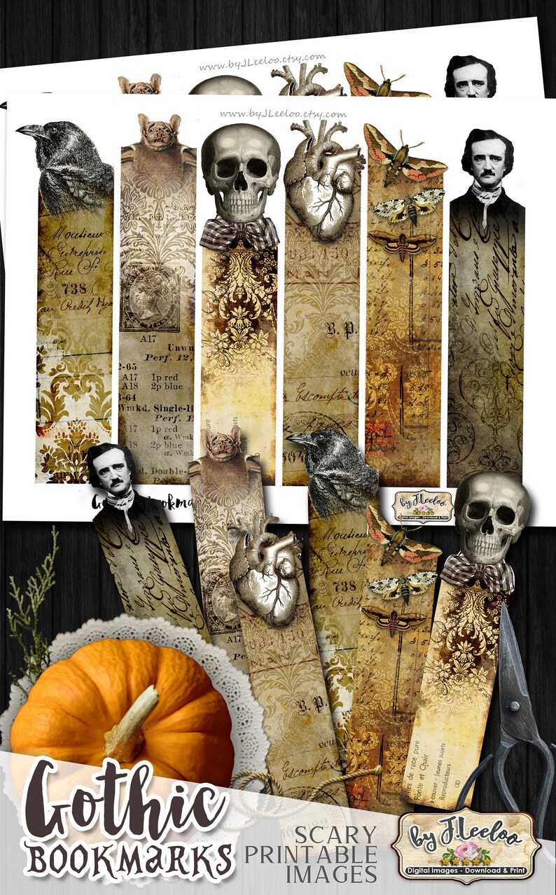 May include: Set of printable gothic bookmarks featuring images of a skull, heart, crow, bat, moth, and Edgar Allan Poe. The bookmarks are in a vintage style with a distressed, aged paper background.