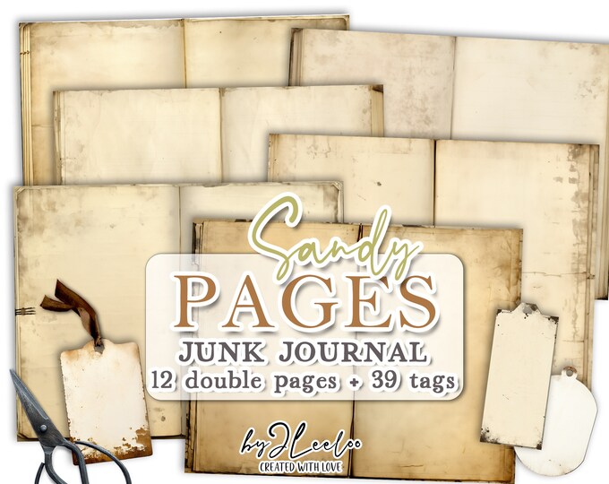 SANDY PAGES junk journal printable | blank half pages tags Mixed Media supplies | Distressed vintage paper card making collage diary | pp675