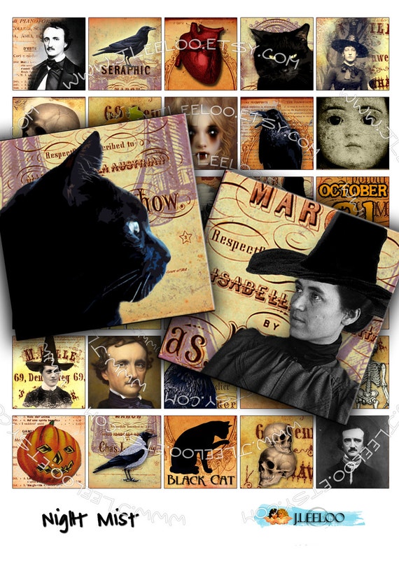 Digital paper NIGHT MIST 1.5 inch square poe raven scary halloween pendants magnet stickers craft instant download printable qu273