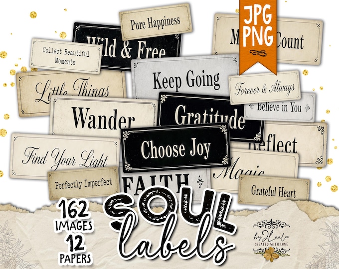 SOUL LABELS Vintage Word Tags, Junk Journal Labels, Scrapbooking Ephemera, Neutral Aesthetic, Printable Words, Collage Supplies | tl376