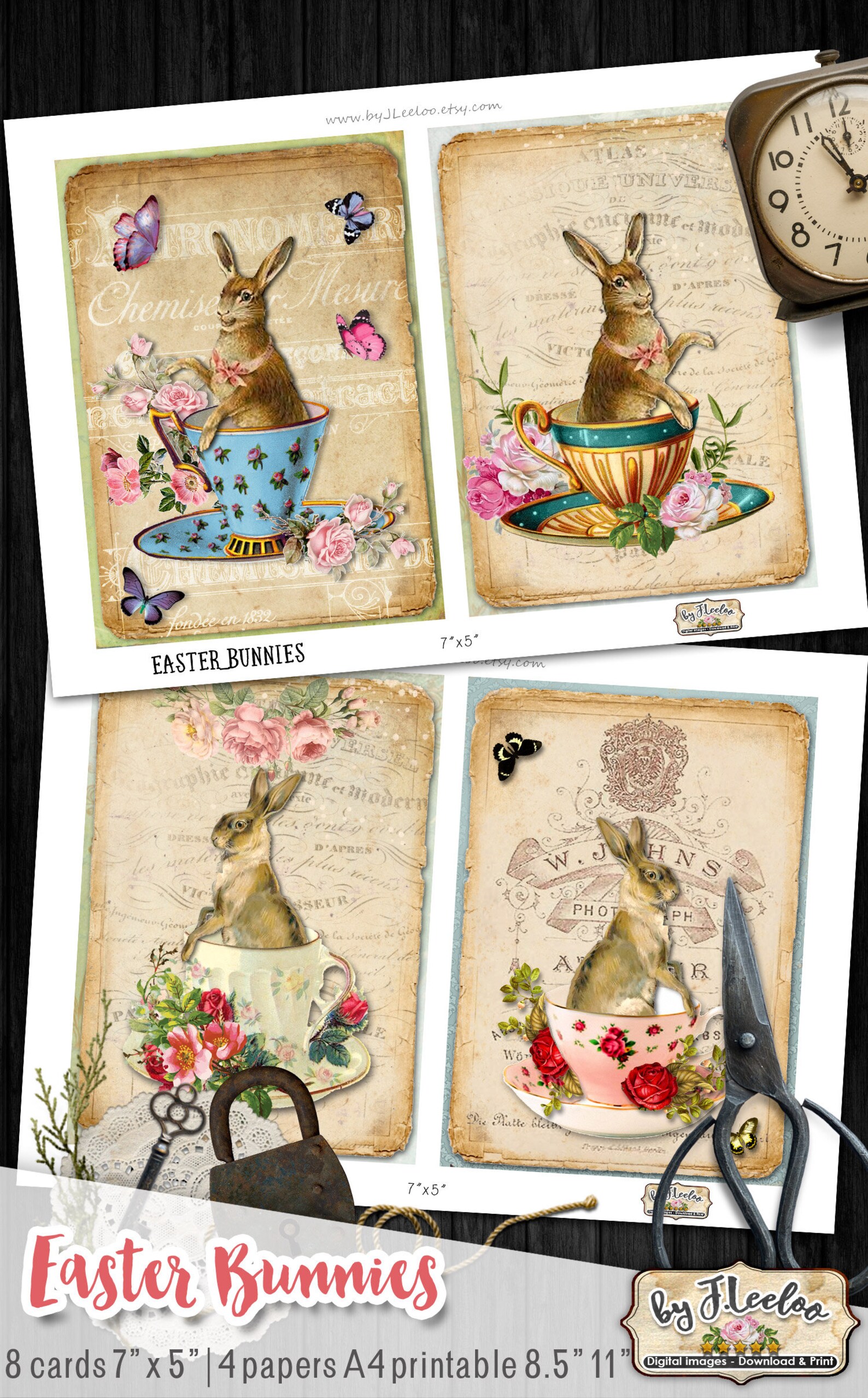 EASTER BUNNIES Printable Rabbit Postcards 5x7 Inch Digital Sheet ...