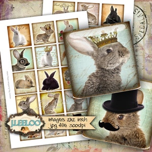 Digitales Blatt RABBIT 2x2 quadratisch Hut-Krone für Schmuck Anhänger Clipart Magnet sofort download qu447