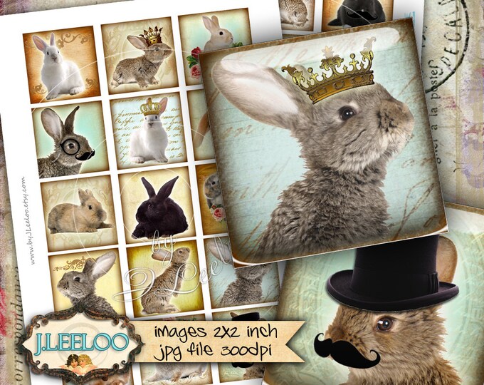 Digital sheet RABBIT 2x2 square top hat mustache crown altered for jewelry pendant clipart magnet instant download printable qu447