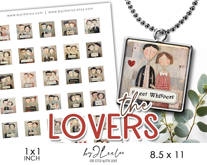 THE LOVERS 1x1 inch printable | supplies square pendants, bezel trays, glass charm, magnet, sticker, tag | Altered art journal craft | qu592