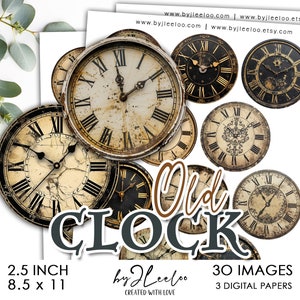 May include: A digital paper pack with 30 images of vintage clocks. The images are 2.5 inches in size and are perfect for crafting projects.