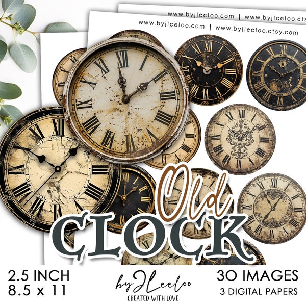 OLD CLOCK 2.5 inch printable | Vintage supplies round pins, mirror, magnet, Junk Journal, CU, Digital Art, Digital Download ephemera | tn773