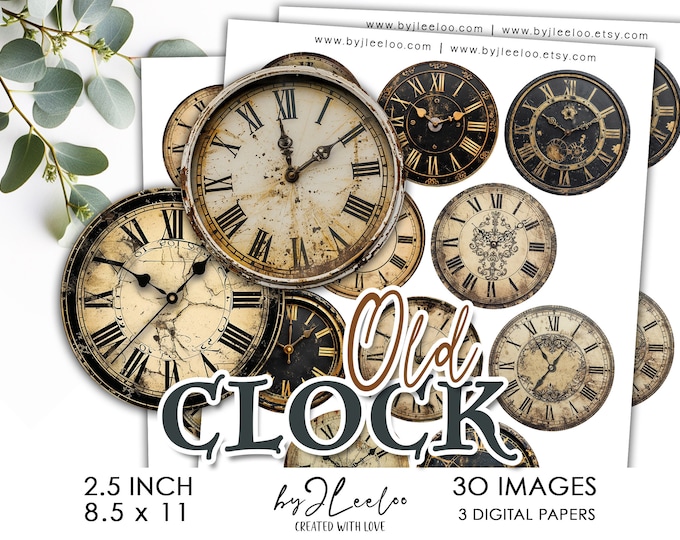 OLD CLOCK 2.5 inch printable | Vintage supplies round pins, mirror, magnet, Junk Journal, CU, Digital Art, Digital Download ephemera | tn773