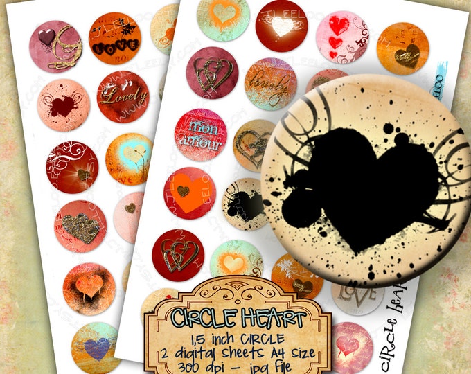 Digital print CIRCLE HEART 1.5 inch circle love valentine images for pendant magnet and craft  instant download printable images tn257