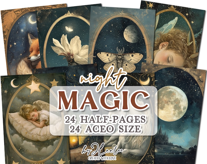 MAGIC NIGHT half pages print for junk journal Mixed Media | Aceo mini book vintage supplies card making collage diary stationery DiY | pp718