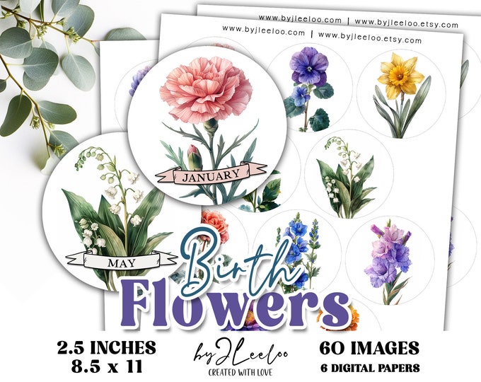 BIRTH FLOWERS 2.5 inch printable circle | Birth Month Flower round pendants cabochon necklace sticker | Fussy cut digital download | tn818