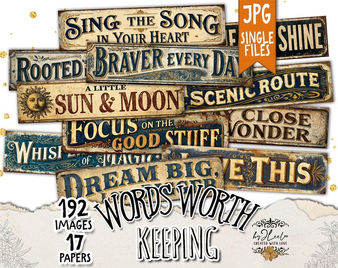 WORDS WORTH KEEPING Vintage Tin Sign Ephemera, Printable Inspirational Quotes, Rustic Typography Labels, Junk Journal, Scrapbook | tl382