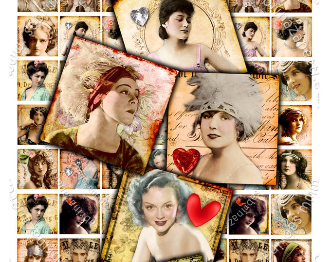 Digital collage sheet BEAUTIFUL LADY 1x1 square woman portrait vintage photo pendant jewelry magnet instant download printable qu215