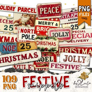 FESTIVE Schnipsel PNG einzelne druckbare Weihnachtswörter | Vintage Etiketten Aufkleber Feiertage Junk Journal | scrapbook digiscrap CU | tl306