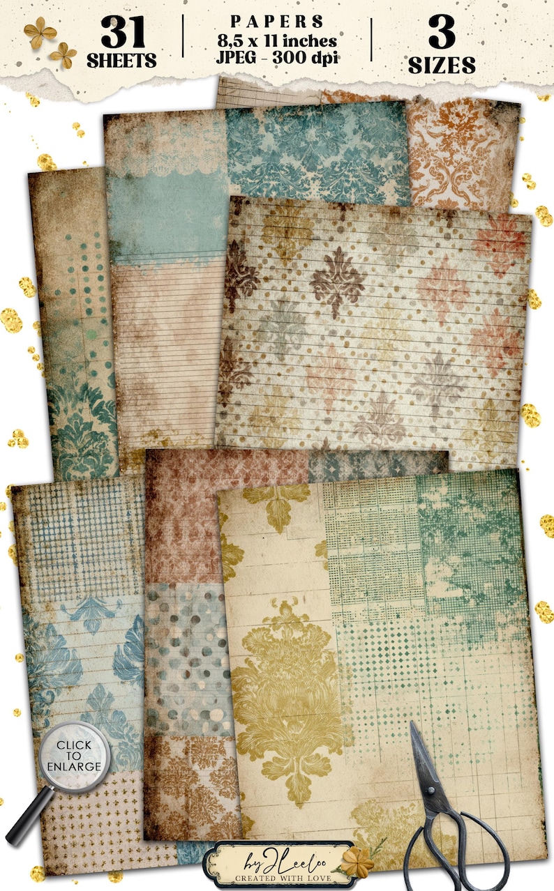 PATCHWORK PAGES – Vintage Patchwork Journal | Damask Ledger Paper Pack | Distressed Junk Journal Backgrounds Printable | ppK52 image 5