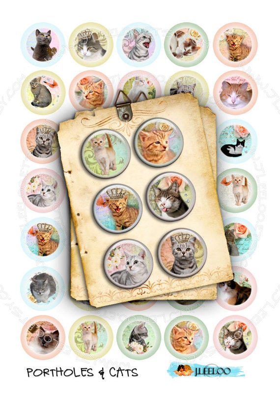 Digital images PORTHOLES AND CATS 1.313 inch for button machine puppies images printable instant download digital sheet tn251