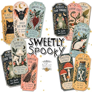 May include: A collection of rectangular paper tags featuring illustrations of magical ingredients like bat wings, toad tongues, and bone dust. Each tag includes text labels, botanical accents, and celestial motifs. The center text reads SWEETLY SPOOKY.