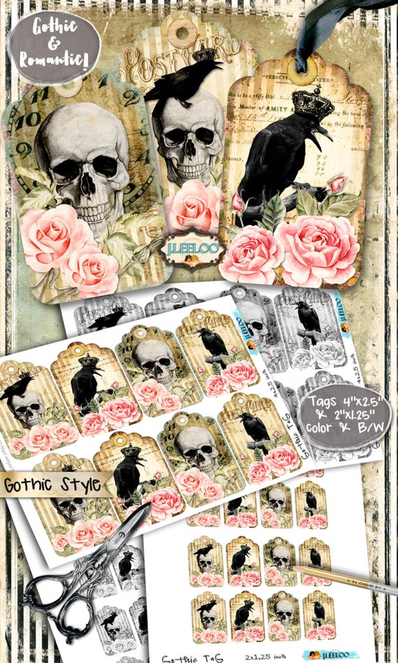 GOTHIC TAG jewelry holder halloween for craft art instant download printable steampunk crow skull black cat Digital collage sheet tl176