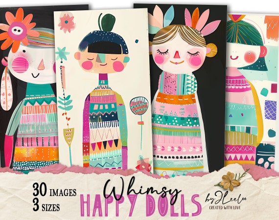 Whimsy HAPPY DOLLS tall bookmarks 3 sizes | Fancy characters paper doll hand-drawn mixed media children book | Digital Dowload CU | pp815