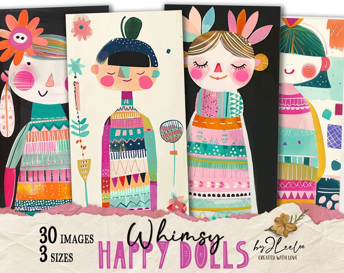 Whimsy HAPPY DOLLS tall bookmarks 3 sizes | Fancy characters paper doll hand-drawn mixed media children book | Digital Dowload CU | pp815