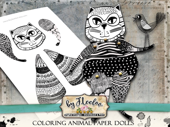 ANIMAL Paper Dolls digital altered art colorable Articulated Digital collage sheet for journal page scrapbook diary art printable pp476
