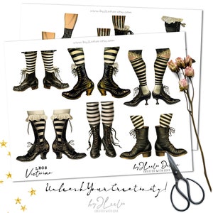 May include: A digital paper craft sheet featuring images of Victorian-style legs and boots. The legs are striped black and white, and the boots are black with laces. The sheet is titled "LEGS Victorian" and includes the text "Unleash Your Creativity!"