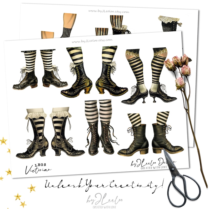 May include: A digital paper craft sheet featuring images of Victorian-style legs and boots. The legs are striped black and white, and the boots are black with laces. The sheet is titled "LEGS Victorian" and includes the text "Unleash Your Creativity!"