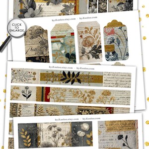 May include: A collection of vintage-style digital papers and tags. The designs feature floral and botanical illustrations in muted tones of gray, gold, and cream, with handwritten script accents. The tags have decorative edges and the text "byJLeeloo.etsy.com".