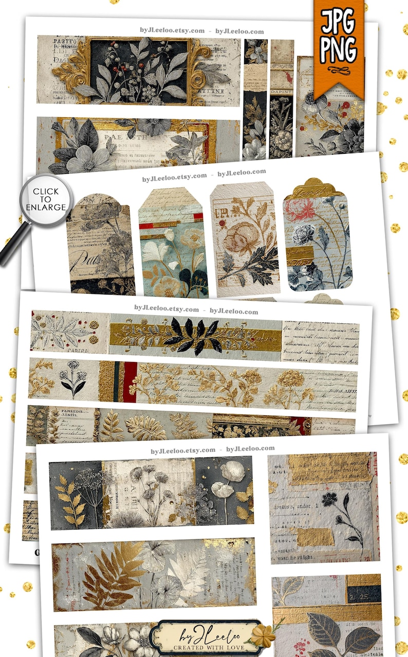 May include: A collection of vintage-style digital papers and tags. The designs feature floral and botanical illustrations in muted tones of gray, gold, and cream, with handwritten script accents. The tags have decorative edges and the text "byJLeeloo.etsy.com".