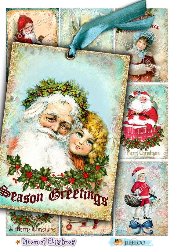 DREAM OF CHRISTMAS printable santa holidays gift cards  merry christmas labels instant downloads background Digital collage ac136