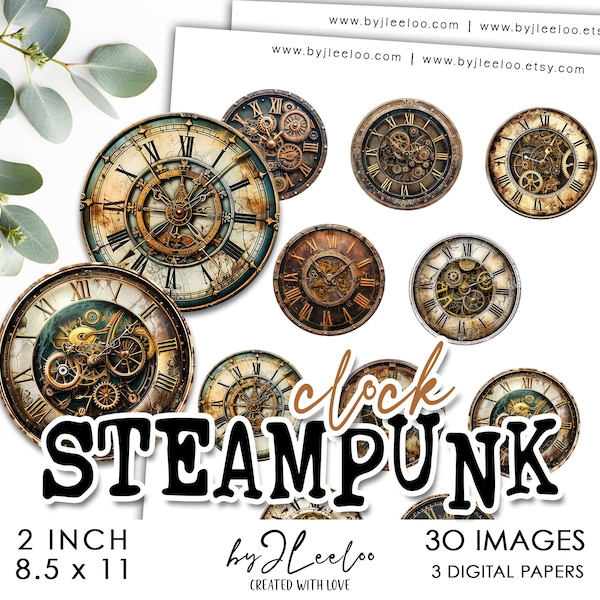 STEAMPUNK CLOCK 2 inch printable | Vintage supplies round pendant sticker mirror | fussy cut decoration junk journal scrapbooking | tn766