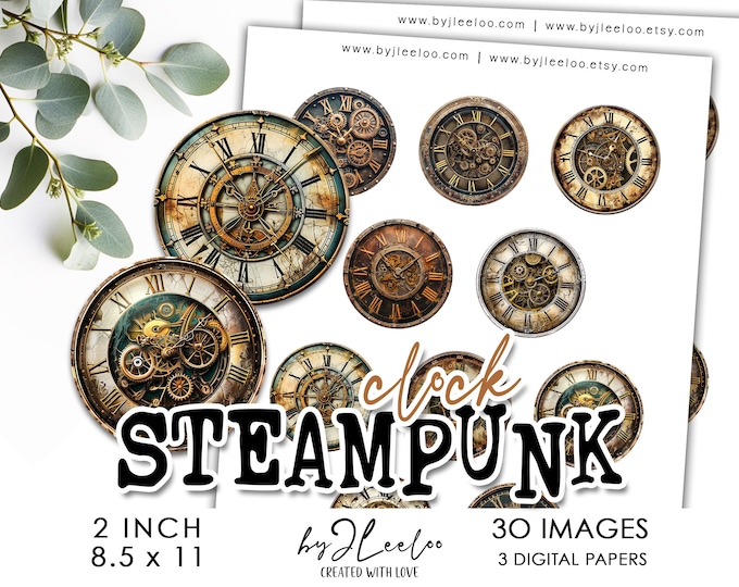 STEAMPUNK CLOCK 2 inch printable | Vintage supplies round pendant sticker mirror | fussy cut decoration junk journal scrapbooking | tn766