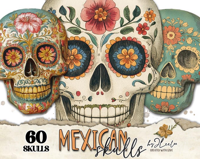 MEXICAN SKULLS Day of the Dead printable design Halloween party decoration | Scary invitation junk journal stickers Commercial Use | cl177