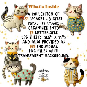 Op de afbeelding: Een verzameling kattenafbeeldingen in verschillende stijlen. De tekst luidt "What's Inside" en beschrijft 51 afbeeldingen in 3 formaten, in totaal 153 afbeeldingen. Georganiseerd in 19 JPG-vellen van Letter-formaat (21,6 cm x 27,9 cm) en 153 individuele PNG-bestanden.