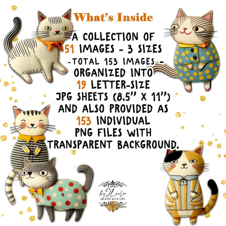 Op de afbeelding: Een verzameling kattenafbeeldingen in verschillende stijlen. De tekst luidt "What's Inside" en beschrijft 51 afbeeldingen in 3 formaten, in totaal 153 afbeeldingen. Georganiseerd in 19 JPG-vellen van Letter-formaat (21,6 cm x 27,9 cm) en 153 individuele PNG-bestanden.