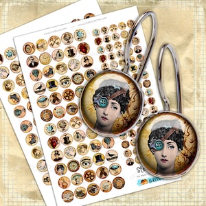 Op de afbeelding: Steampunk-oorbellen met een cirkelvormig ontwerp met een vrouw met een steampunk-ooglap. De oorbellen hebben een zilverkleurige haak. De afbeelding toont ook vellen cirkelvormige stickers met diverse steampunk-illustraties.