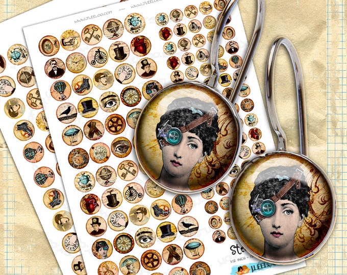 Digital collage sheet STEAMPUNK 12mm 20mm circle sheets earring ring size  men vintage invention jewelry images instant download tn394