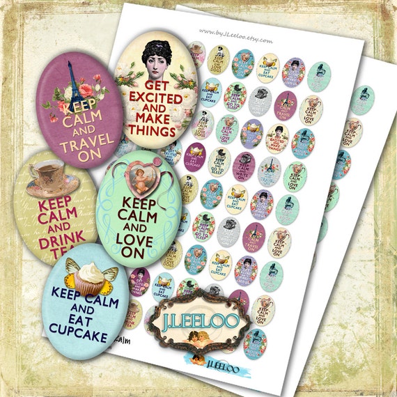 Digital collage sheet OVAL KEEP CALM printable 25x18 mm - vintage collage clipart for glass pendants - instant download paper paper  - ov135