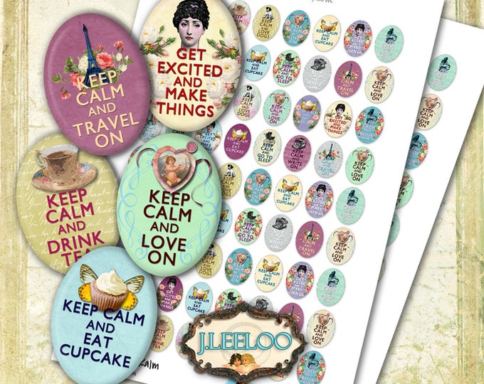 Digital collage sheet OVAL KEEP CALM printable 25x18 mm - vintage collage clipart for glass pendants - instant download paper paper  - ov135