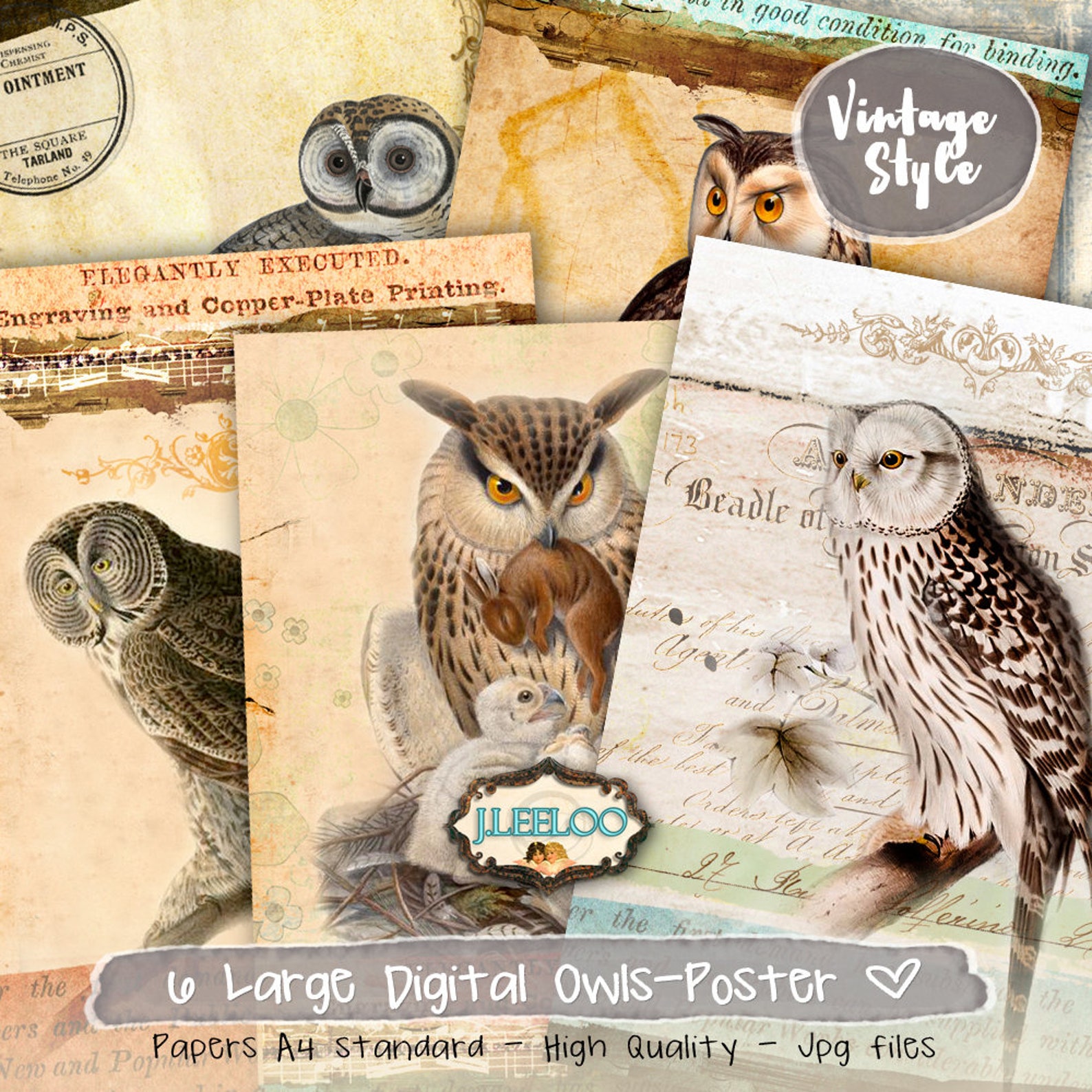 OWLS POSTER 6 Printable Digital Papers - Instant Download for Scrapbook ...