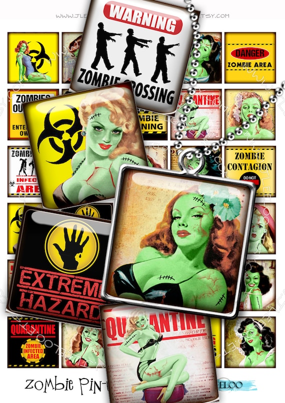 Digital collage sheets ZOMBIE PIN UP 1.5 inch squares hang tags magnet stickers mirrors pendant walking dead instant download qu365