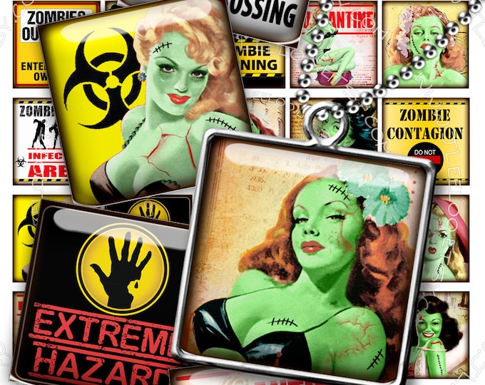 Digital collage sheets ZOMBIE PIN UP 1.5 inch squares hang tags magnet stickers mirrors pendant walking dead instant download qu365