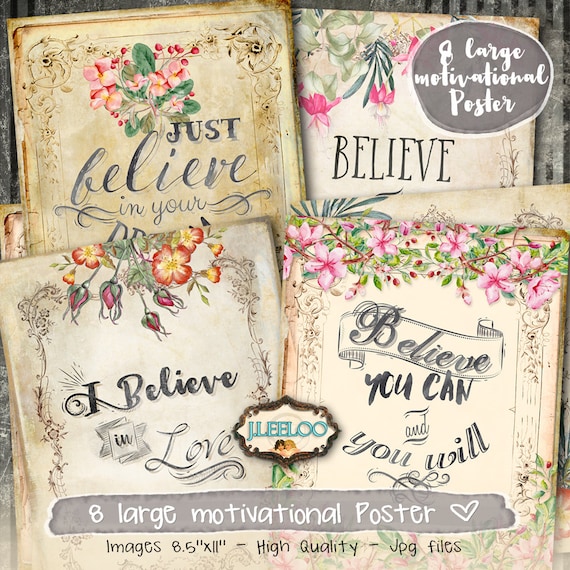 BELIEVE 8.5x11 inch large motivational digital papers vintage quote poster instant download printable Digital collage sheet pp361