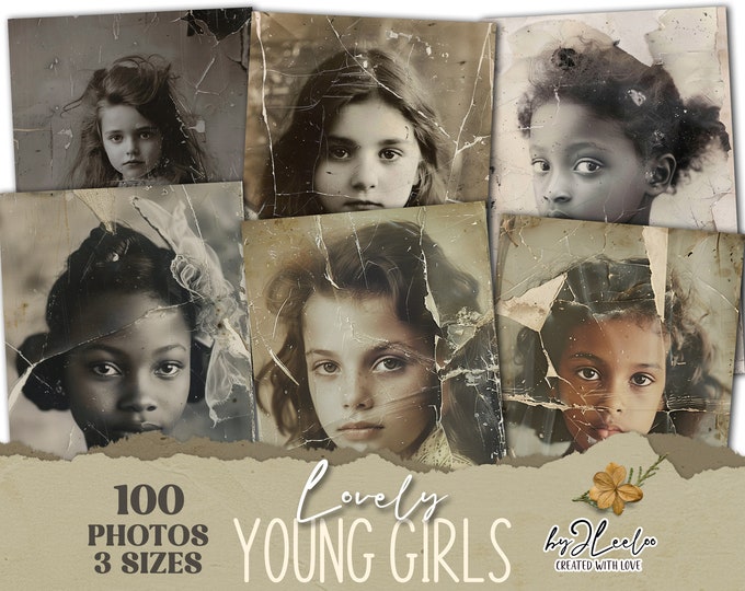 LOVELY YOUNG GIRLS Collection 100 ephemera children photos printable | 3 size card Mixed media junk journal | Bundle for crafting  | cp019