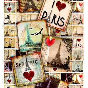Digital collage EIFFEL TOWER 1x1 inch square paris france grunge romantic for pendant clipart magnet instant download printable qu137