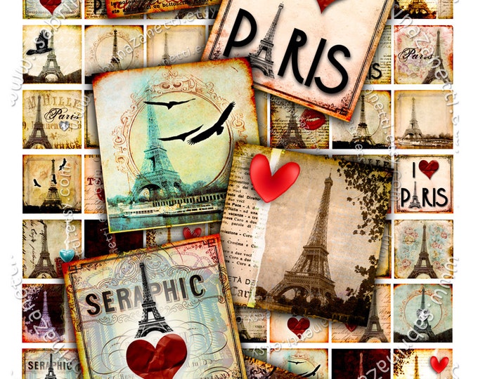 Digital collage EIFFEL TOWER 1x1 inch square paris france grunge romantic for pendant clipart magnet instant download printable qu137