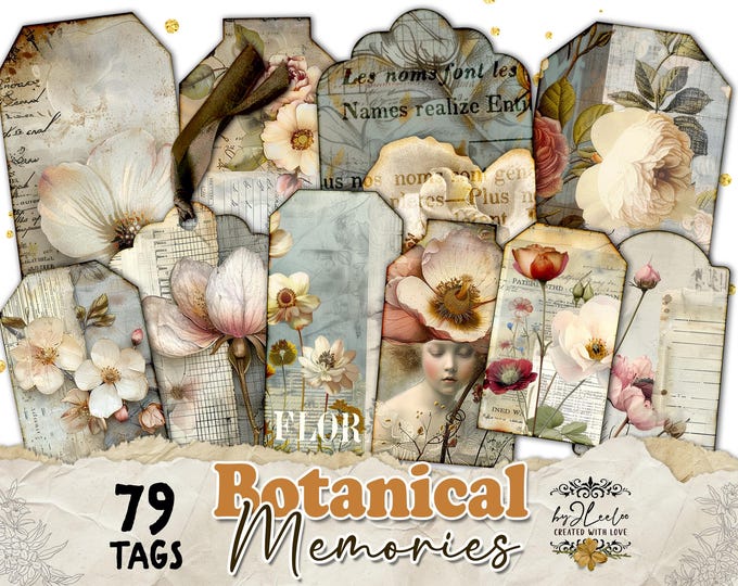 BOTANICAL MEMORIES 79 images tags | Vintage Floral Junk Journal Ephemera, Scrapbooking, Paper Crafts Instant Download Commercial Use | tl322