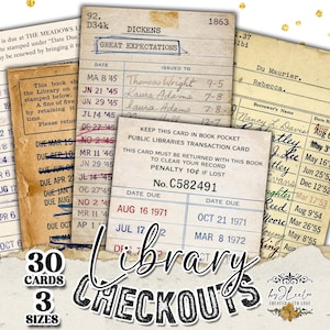 May include: A collection of vintage library checkout cards in various sizes. The cards feature handwritten entries, dates, and library stamps. The image includes the text "30 Cards, 3 Sizes" and "Library Checkouts".