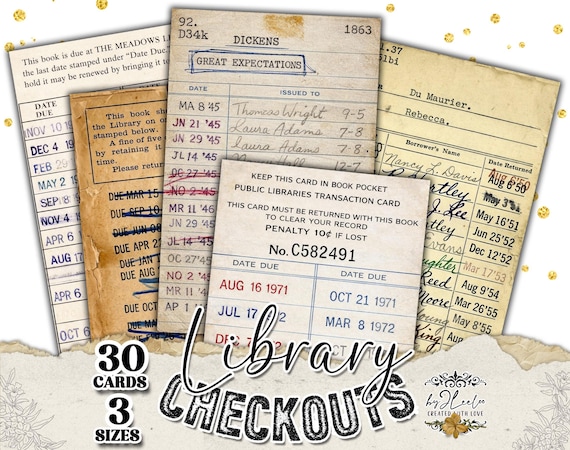 LIBRARY CHECKOUTS Vintage Library Cards with Borrower Signatures, Due Date Stamps, Junk Journal Ephemera ppK58