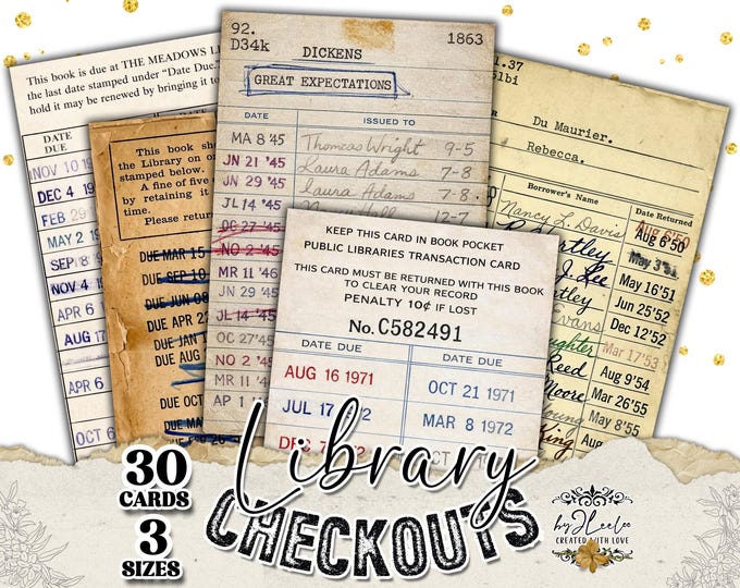 LIBRARY CHECKOUTS Vintage Library Cards with Borrower Signatures, Due Date Stamps, Junk Journal Ephemera ppK58