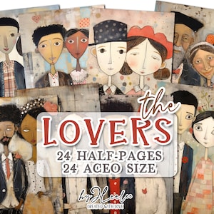 THE LOVERS halve pagina's met afdrukbare volkskunst | junkjournaal Valentine-tag Mixed Media-benodigdheden | aceo vintage kaartcollagedagboek | pp700